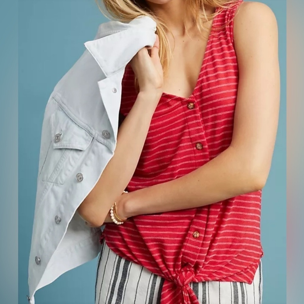 Anthropologie t.la Red White Striped  Effervescent Tie Front Tank Top Size Small